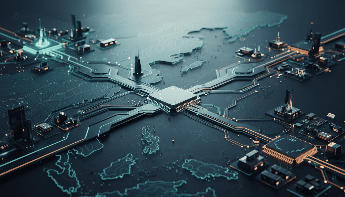 Abstract illustration of a semiconductor supply chain splitting into two diverging paths across East Asia.