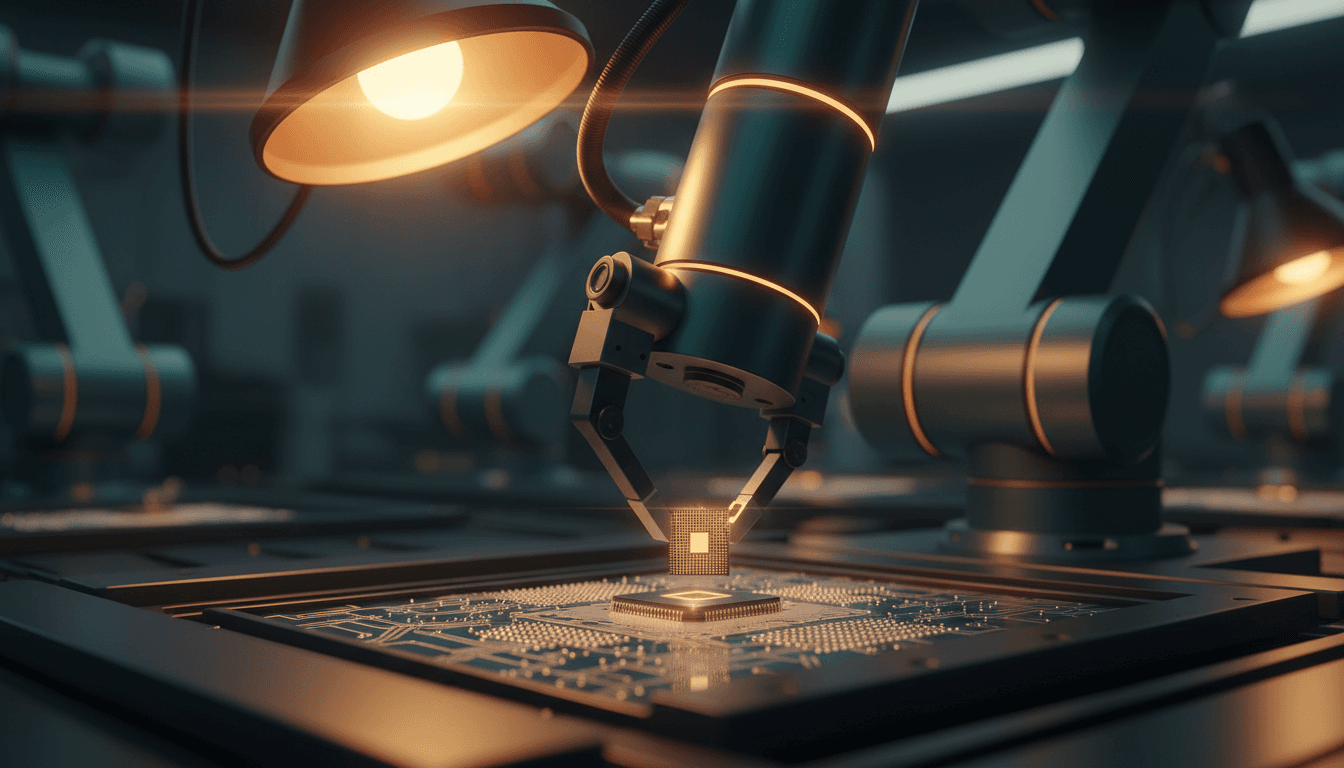 Extreme close-up of a robotic arm precisely placing a silicon chip die onto a substrate on an advanced packaging assembly line, warm amber industrial lighting, shallow depth of field, photographic