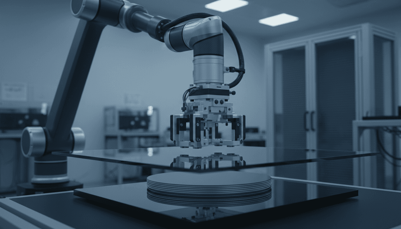 A cleanroom robotic arm lifting a large square glass panel substrate off a stack of round silicon wafers, cool white cleanroom light, sharp focus on the panel's edge showing the size and shape difference between the old round wafer format and the new square panel format.