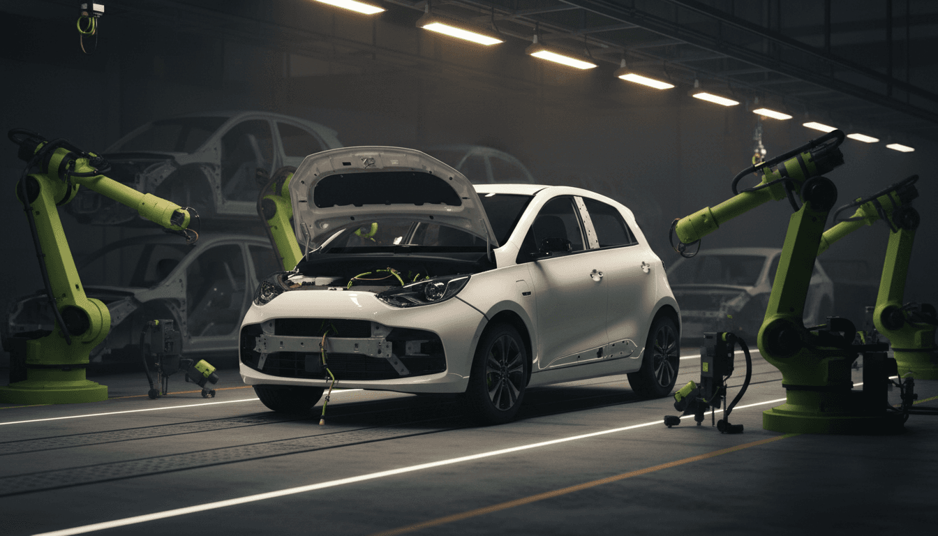 A single compact white electric hatchback parked mid-assembly on a nearly empty factory line in a Southeast Asian auto plant, unfinished car chassis frames stacked in the dim background, warm overhead factory lighting, cinematic photographic realism