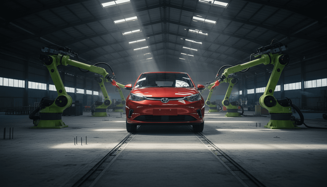 A single red-bodied electric hatchback halfway down a half-finished assembly line inside a new Southeast Asian auto plant, sunlight slicing through gaps in a corrugated metal roof onto bare concrete, robotic welding arms poised motionless on either side