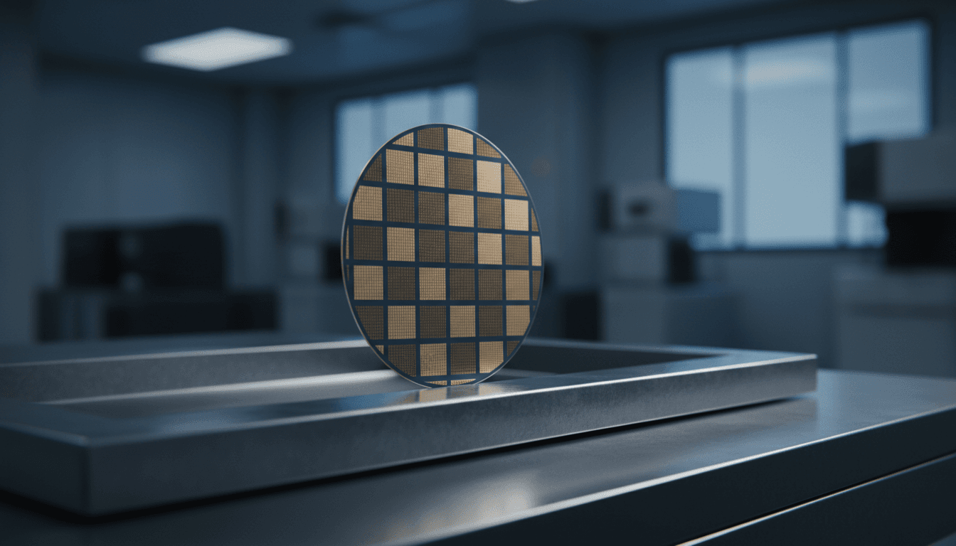 A single silicon memory wafer balanced on the edge of a stainless steel handling tray under harsh cleanroom light, caught mid-tremor as if about to tip and fall or settle back into place