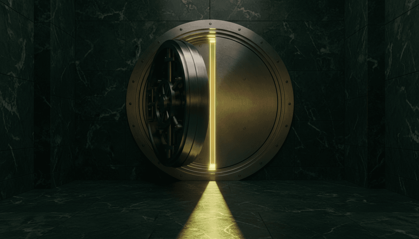 A heavy polished steel bank vault door standing slightly ajar in deep emerald-and-gold light, a single narrow blade of light cutting through the gap, evoking a squeezed margin. Realistic brushed metal and dark marble, cinematic, restrained, shallow depth of field.