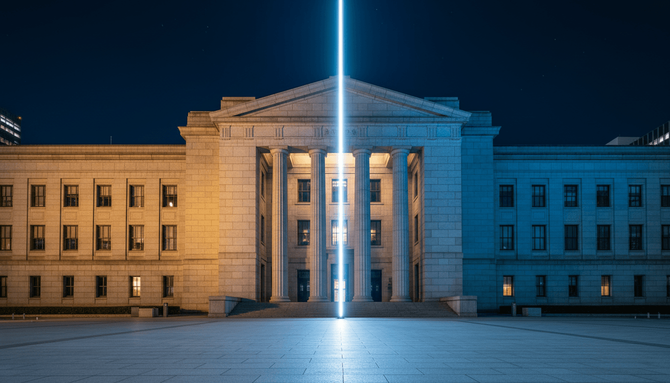 The columned stone facade of a central bank at night, one half in warm gold light and the other in cold blue shadow, split by a single beam.