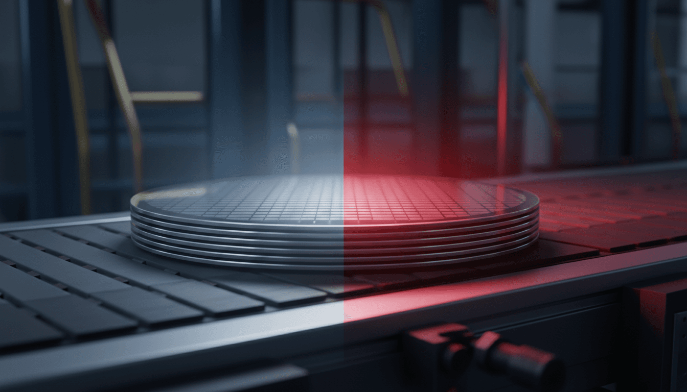 A stack of silicon wafers on a factory conveyor line, half lit in cool white light and half washed in harsh red warning light, evoking a sudden production halt