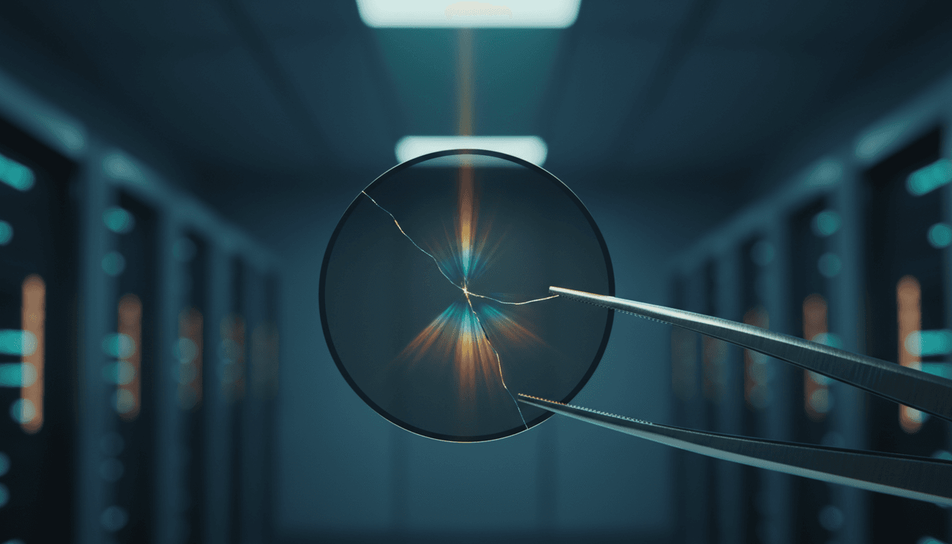 A mirror-polished silicon wafer held in metal tweezers under clean-room light, its surface fracturing a beam of light into diverging colored rays.