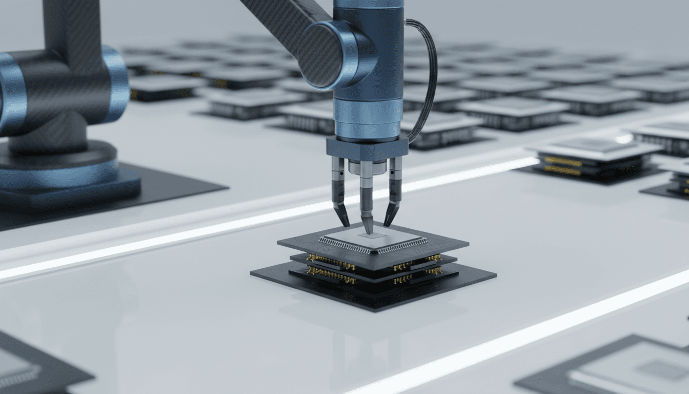 Close-up of a robotic arm precisely placing a silicon interposer onto a stacked chip module on a bright cleanroom line, rows of finished packaged chips lined up in soft focus behind it