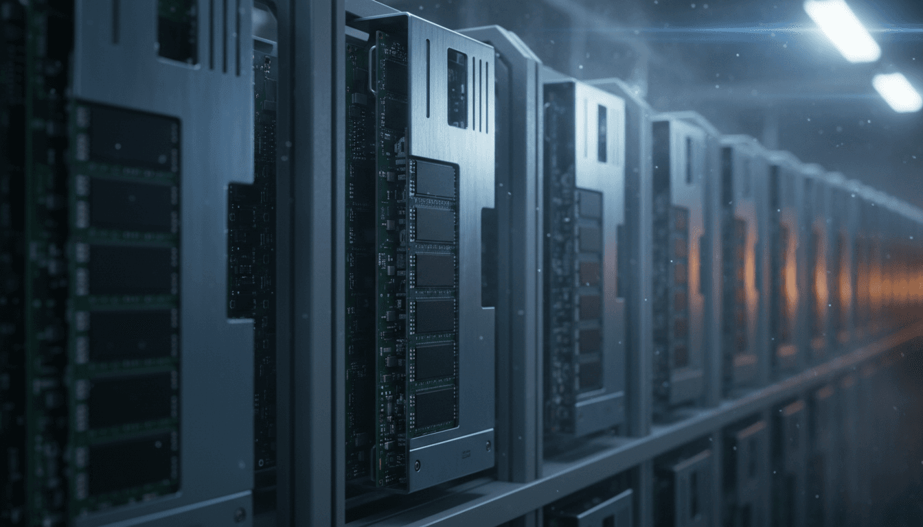 A close-up of a server memory module row on an assembly line, graphite grey metal racks stacked with dense circuit boards, cinematic factory floor lighting, one focal DRAM module in sharp focus
