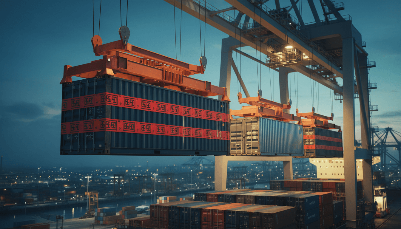 A row of shipping containers on a container-ship gantry crane at a Southeast Asian port at dusk, half wrapped in bright red customs hold tape and half cleared and gleaming under golden floodlights, cinematic wide photographic shot