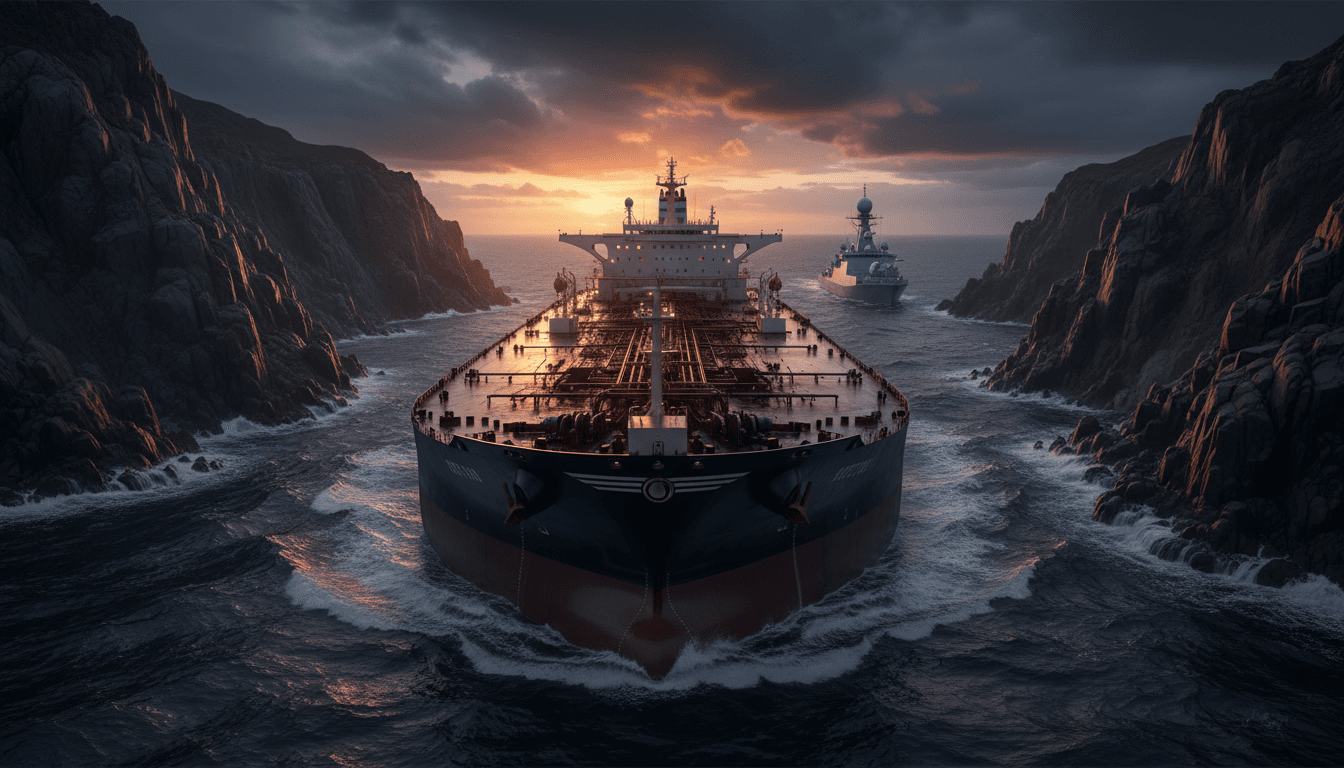 A fully laden very large crude carrier tanker moving through a narrow rocky strait at dusk, a naval patrol vessel shadowing at a distance across dark storm-lit water
