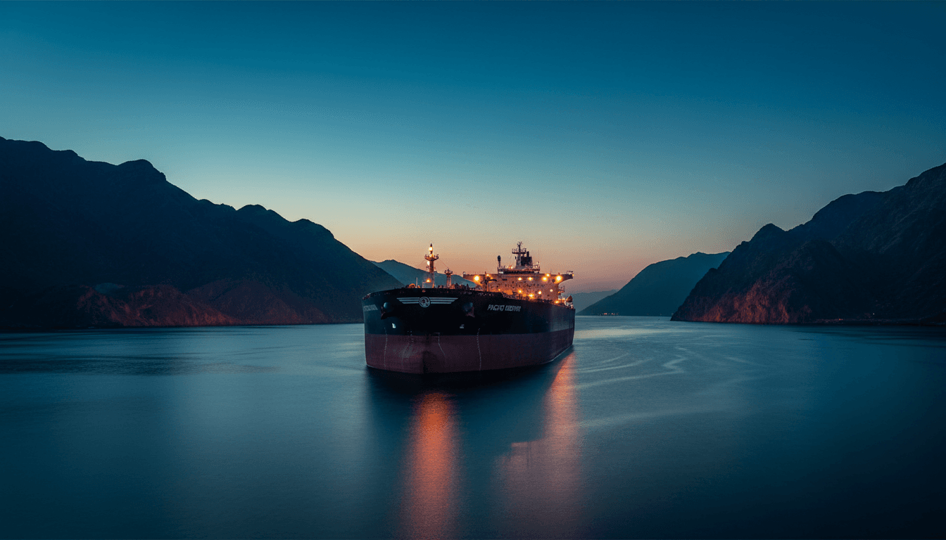 A single large oil tanker holding stationary position in the narrow, mountain-flanked Strait of Hormuz at dusk, running lights glowing, open dark water stretching ahead with no other ships in sight
