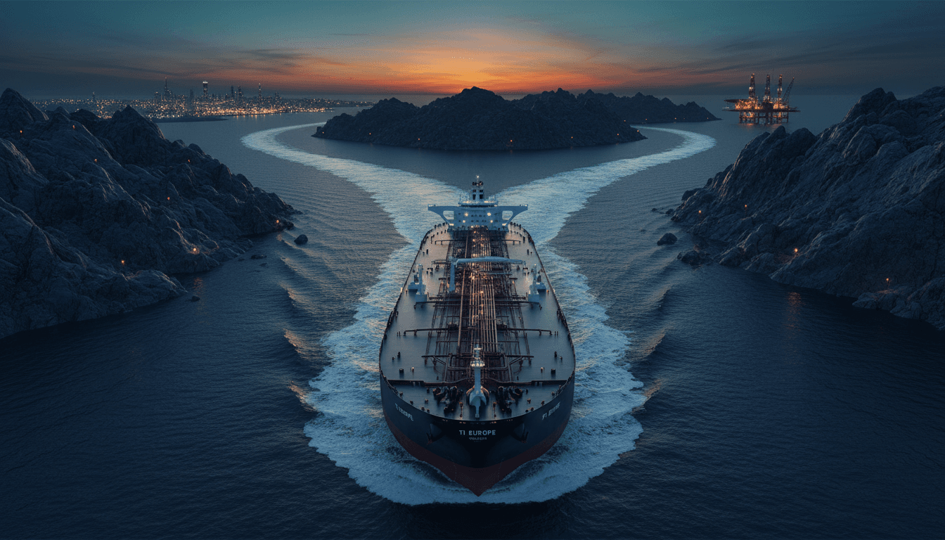 A laden crude oil tanker viewed from above at dusk, navigating a narrow strait between rocky headlands, its wake splitting toward two distant horizons under a deep amber sky