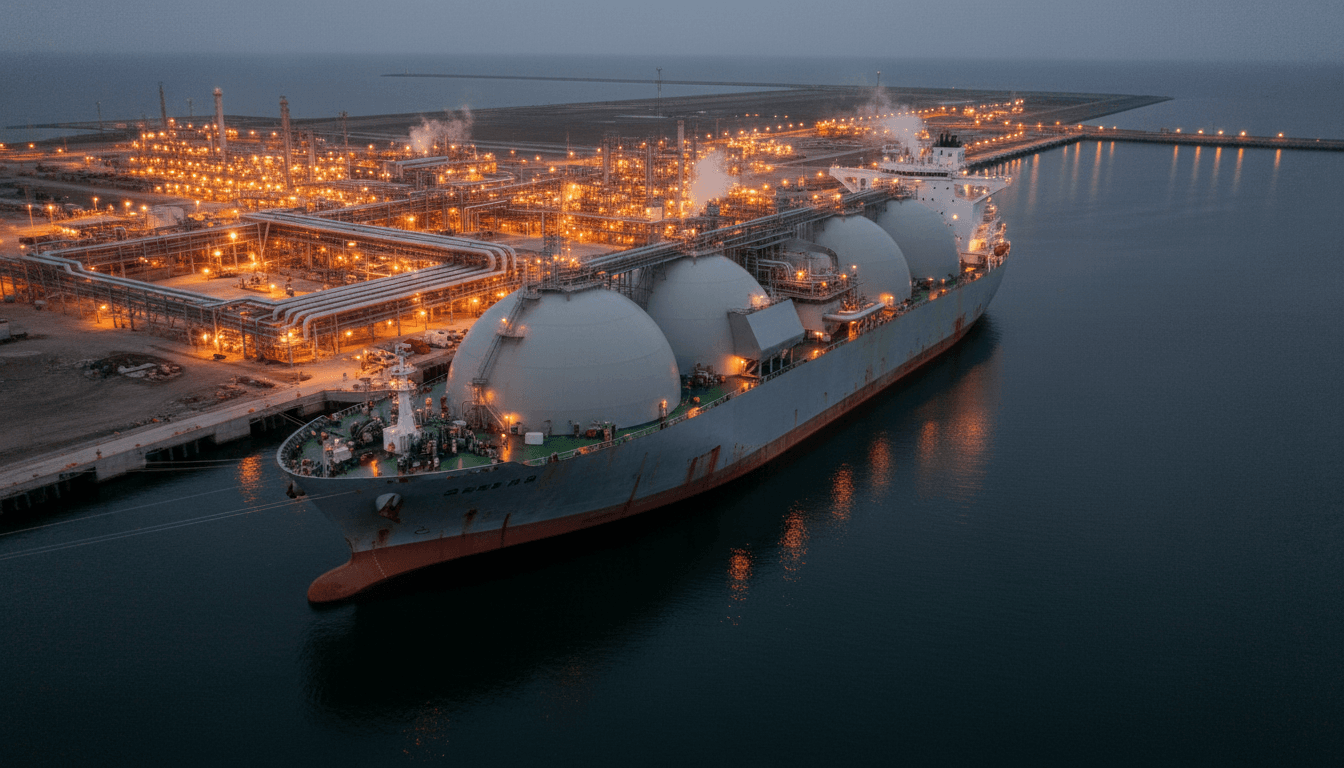 A massive LNG carrier with rows of spherical gas tanks berthed at an illuminated export terminal at dusk, pipelines converging toward it.