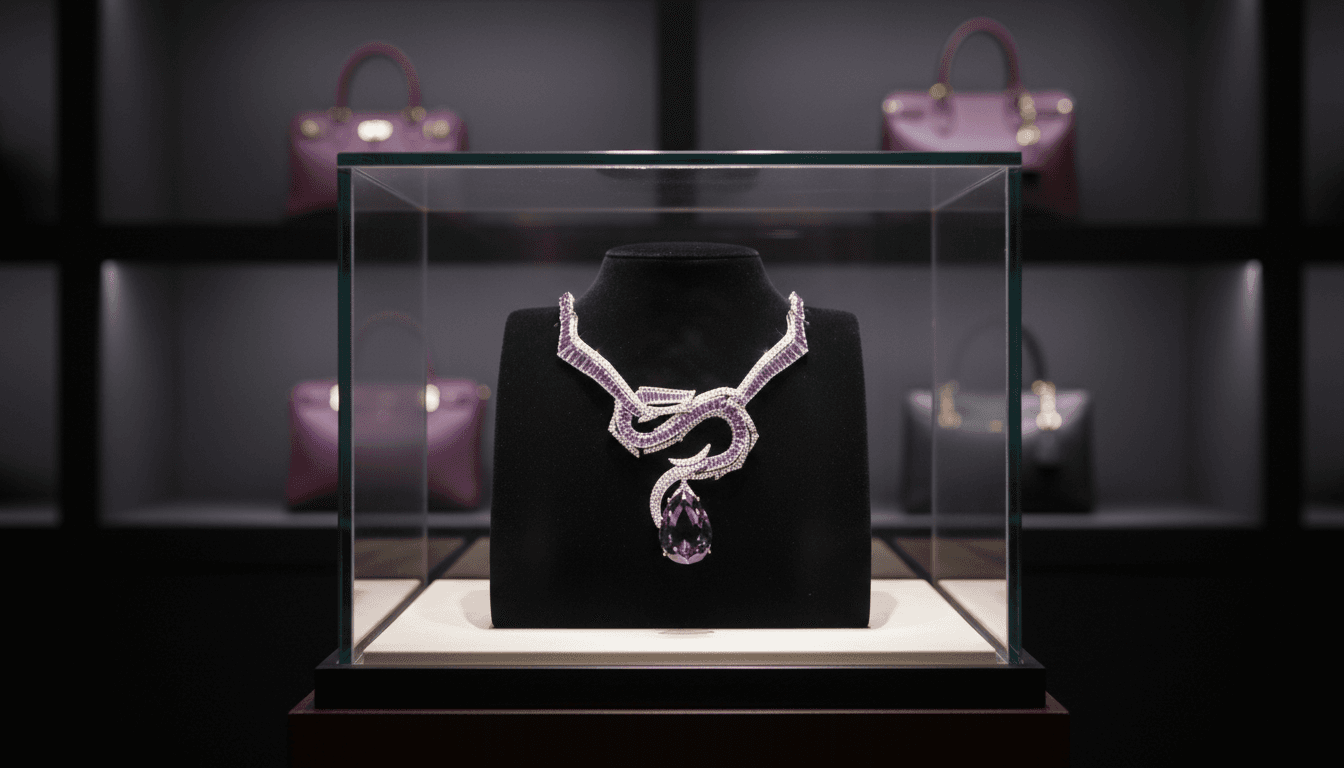 A single diamond necklace resting on black velvet inside a brightly lit glass jewellery display case in a Hong Kong luxury boutique, rows of leather handbags blurred and dim on shelves in the background