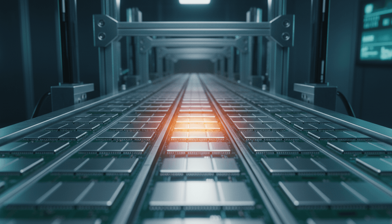 Rows of silver DRAM memory modules moving down an automated fabrication line, with a single module near the center glowing warm amber-orange as if overheating under demand while the rest stay cool metallic silver