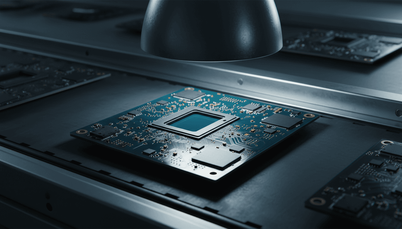 A half-assembled smartphone circuit board moving down a factory conveyor line, its socket for a memory chip left conspicuously empty, lit under a stark overhead inspection lamp