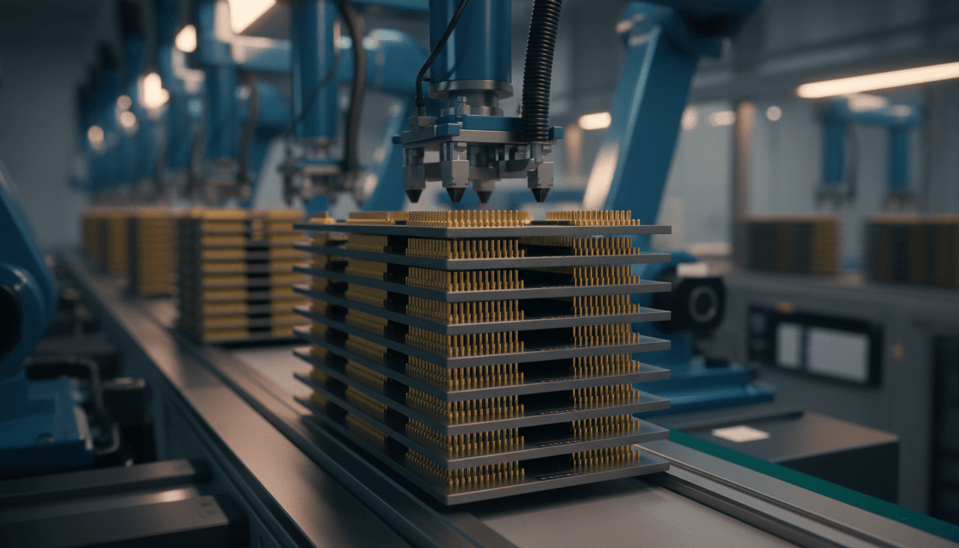 A tall stack of gold-fingered IC substrate panels queued beneath overhead pick-and-place robotic arms on a factory line, warm amber industrial lighting, shallow depth of field, cinematic and photographic