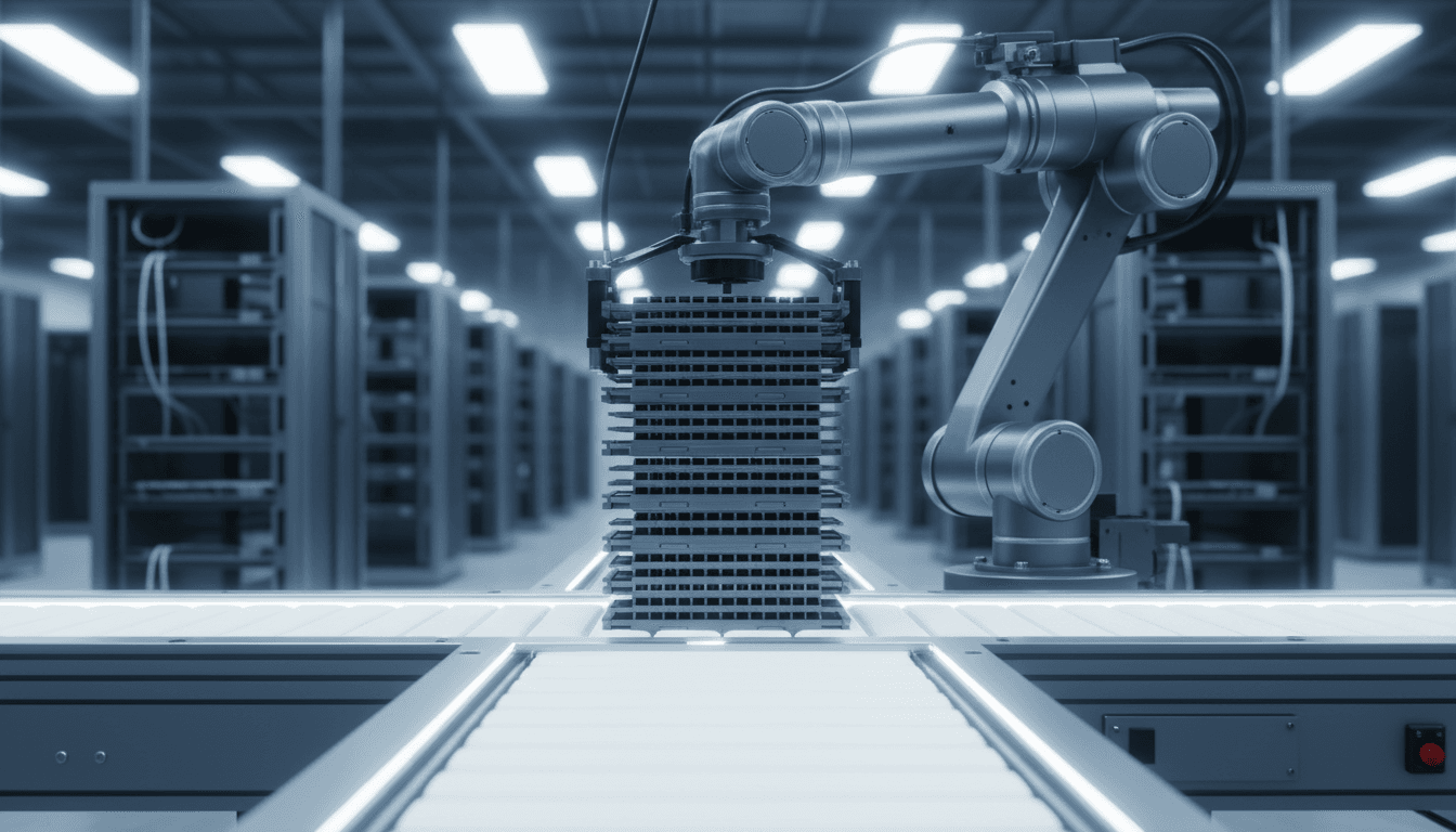 A robotic arm lifting a stack of graphite-grey chip packaging trays off a brightly lit assembly line inside a Taiwanese semiconductor packaging plant, rows of unfinished server racks waiting in soft-focus background