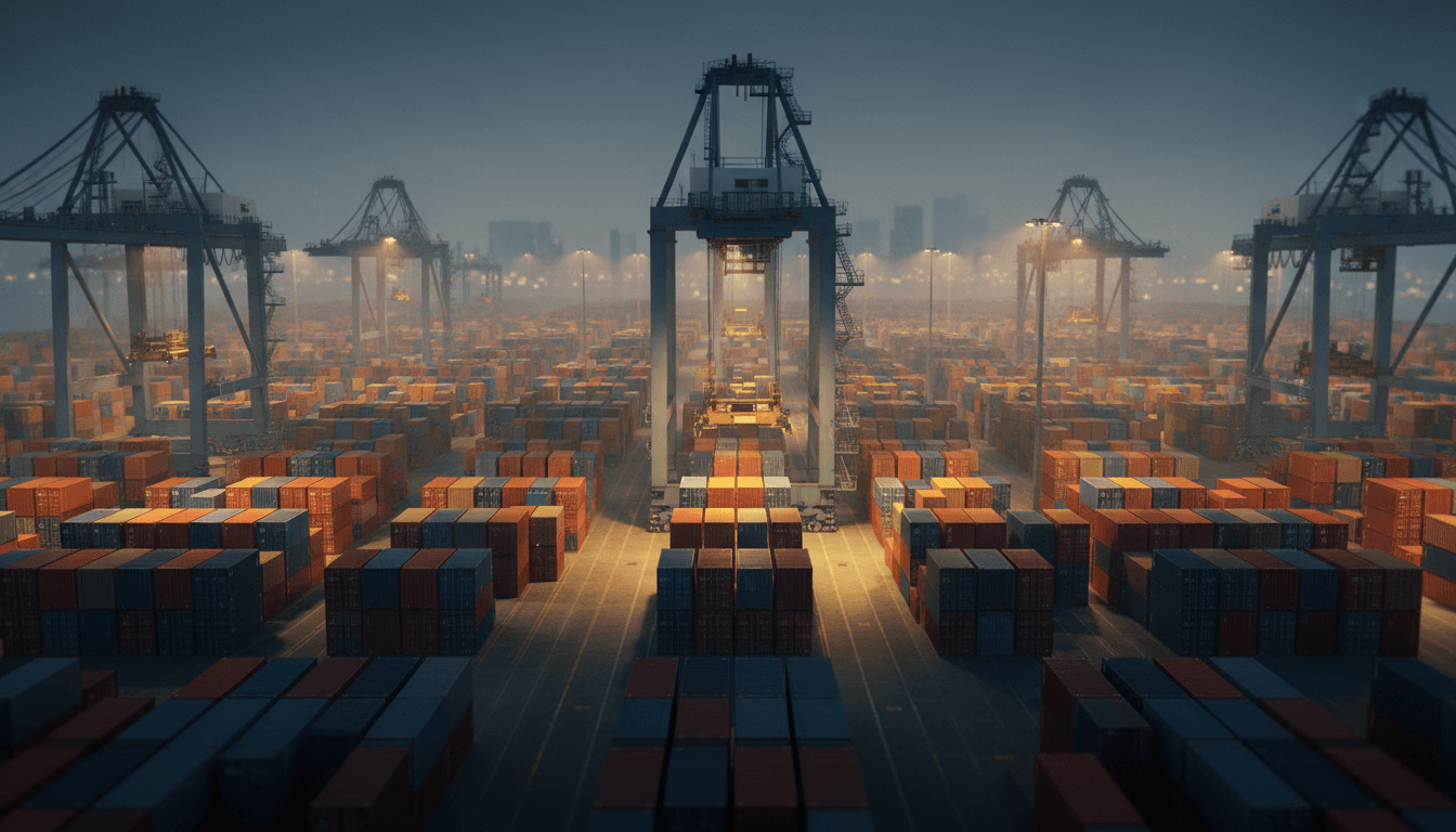 A vast automated port container yard at dusk, robotic gantry cranes stacking colorful shipping containers in precise rows under floodlights.