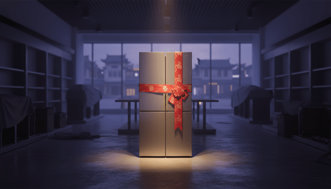 A half-empty Chinese electronics-and-appliance showroom floor at dusk, a single refrigerator wrapped in a faded promotional ribbon under a spotlight, aisles beyond fading into shadow
