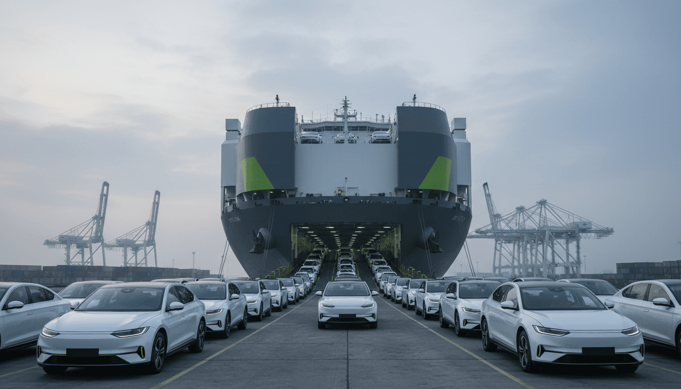 Rows of brand-new white and silver electric cars lined up on a container port ramp in China at grey dawn, being loaded onto the deck of a car-carrier ship bound for export, no people or text visible.