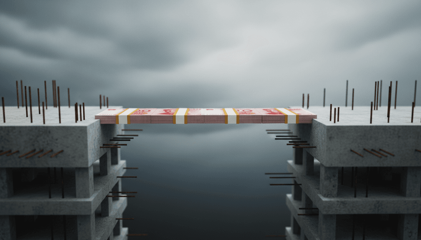 A precariously thin stack of pressed Chinese yuan banknotes forming a narrow bridge between two unfinished concrete bank-tower foundations with exposed rebar, under an overcast grey sky