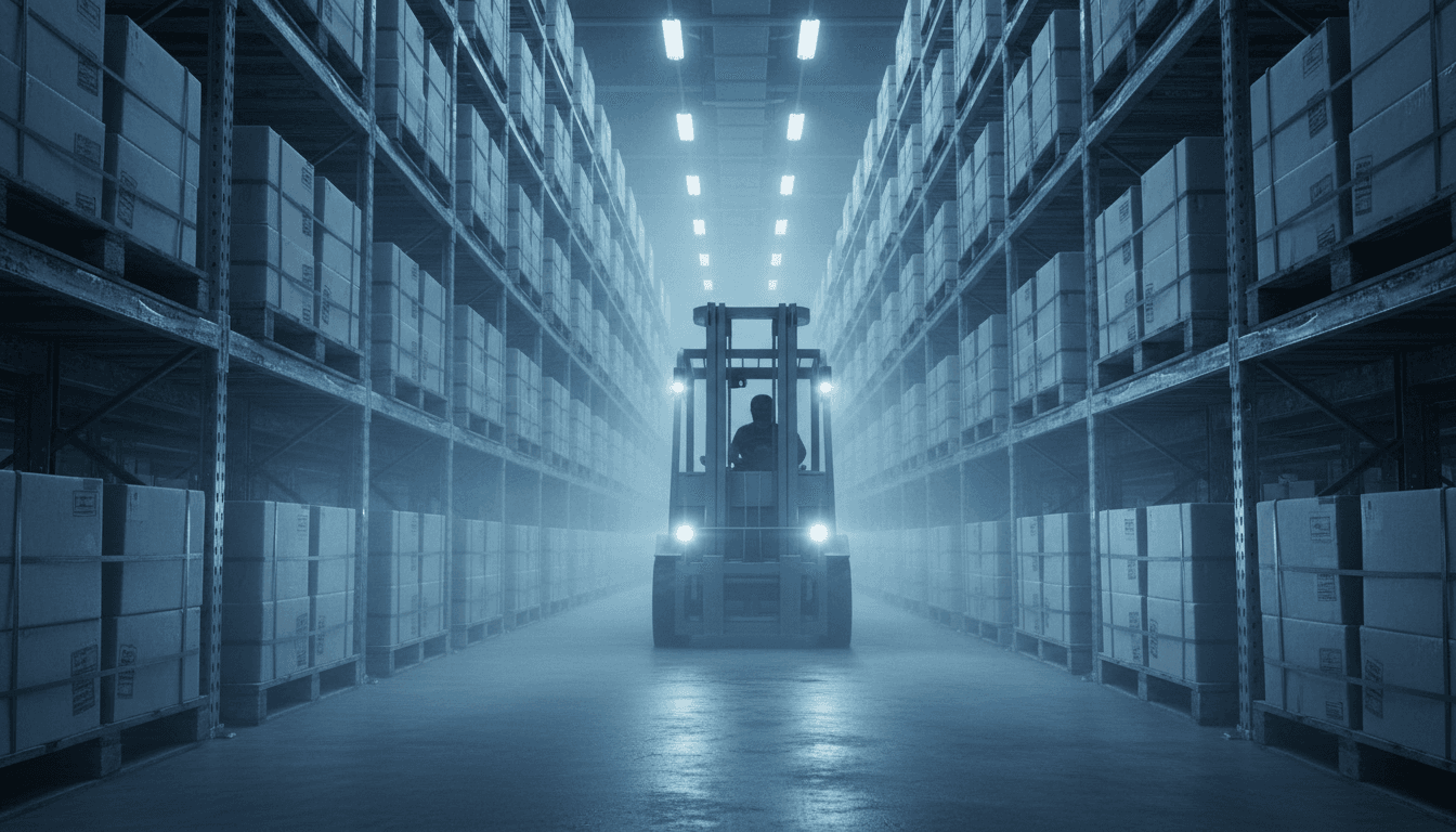 Inside a vast frost-lined cold storage warehouse, tall steel racking stacked with produce boxes receding into the distance, a forklift with headlights cutting through cold mist, overhead industrial lighting, photographic and cinematic