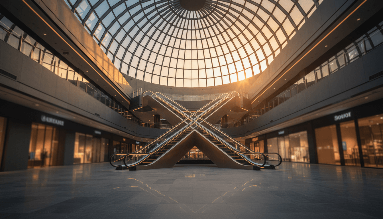 A glass-domed atrium inside a Chinese outlet mall at golden hour, tiered escalators glowing under warm skylight, storefronts softened into color washes below, shot from a low wide angle to convey retail vitality and quiet financial energy, no signage or people visible