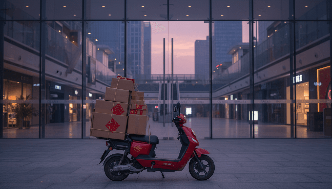 A single red delivery scooter piled high with parcels parked outside the glass entrance of a nearly empty shopping mall atrium in a Chinese city at dusk