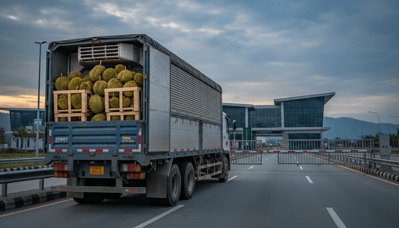 A refrigerated cargo truck stacked with spiky durians idling at a border customs checkpoint gate on a Southeast Asian highway at dawn