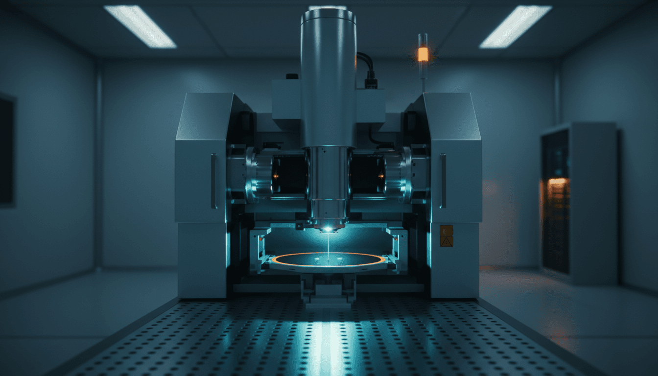 A single immersion lithography scanner standing alone in a spare, half-lit cleanroom, pale blue laser light glancing off a mirror-polished silicon wafer beneath its lens column