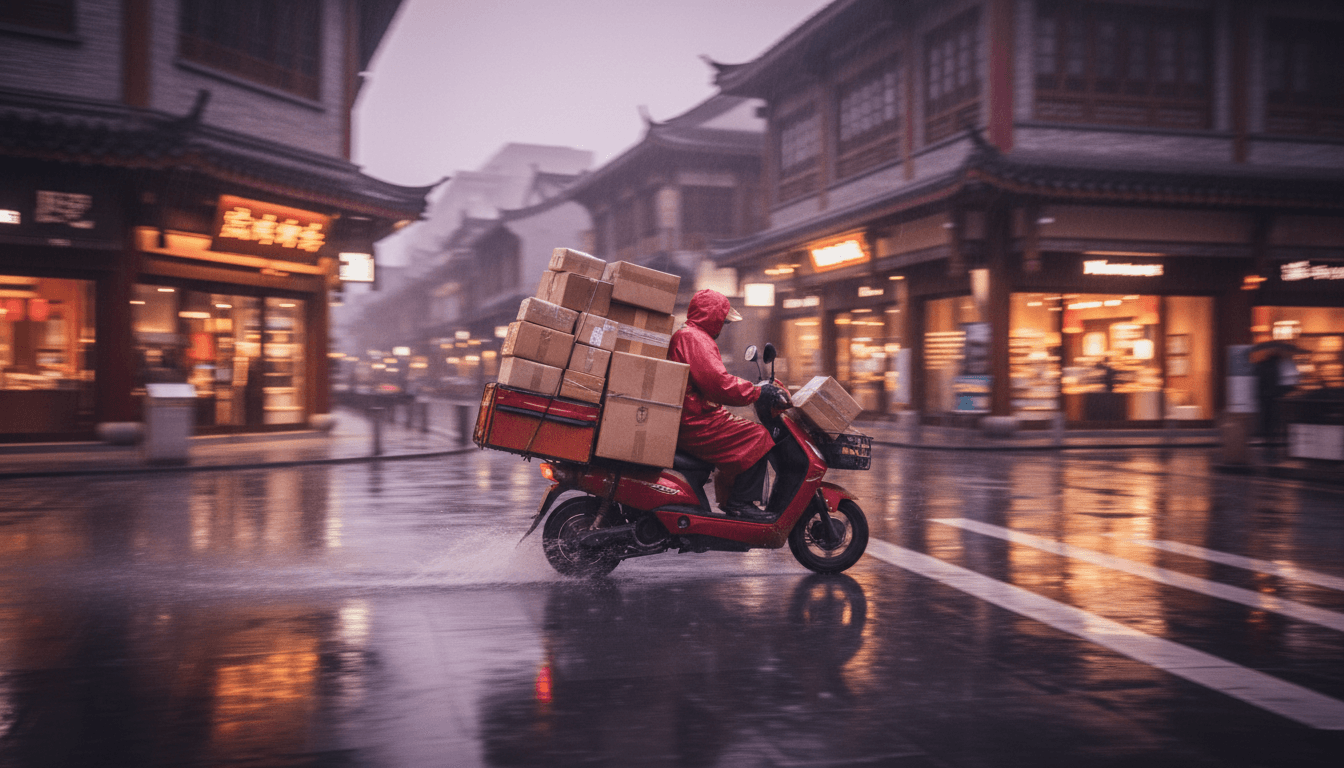 A red delivery courier's electric scooter overloaded with stacked cardboard parcels, weaving through a rain-slicked Shanghai street at dusk, motion-blurred storefronts glowing warmly in the background