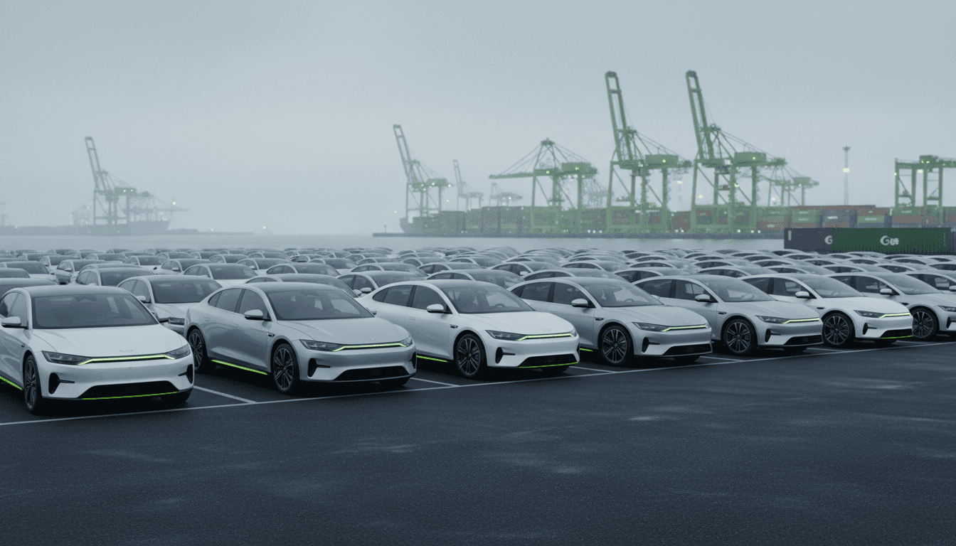 Rows of white and silver electric sedans parked bumper to bumper across a vast asphalt storage yard beside a container port, gantry cranes and stacked shipping containers rising in the hazy background, overcast harbor light.
