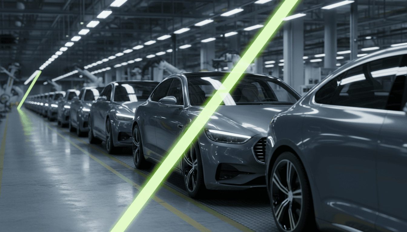 A long line of identical electric cars receding down a factory assembly line, cut across by a bright lime-green slash of light.
