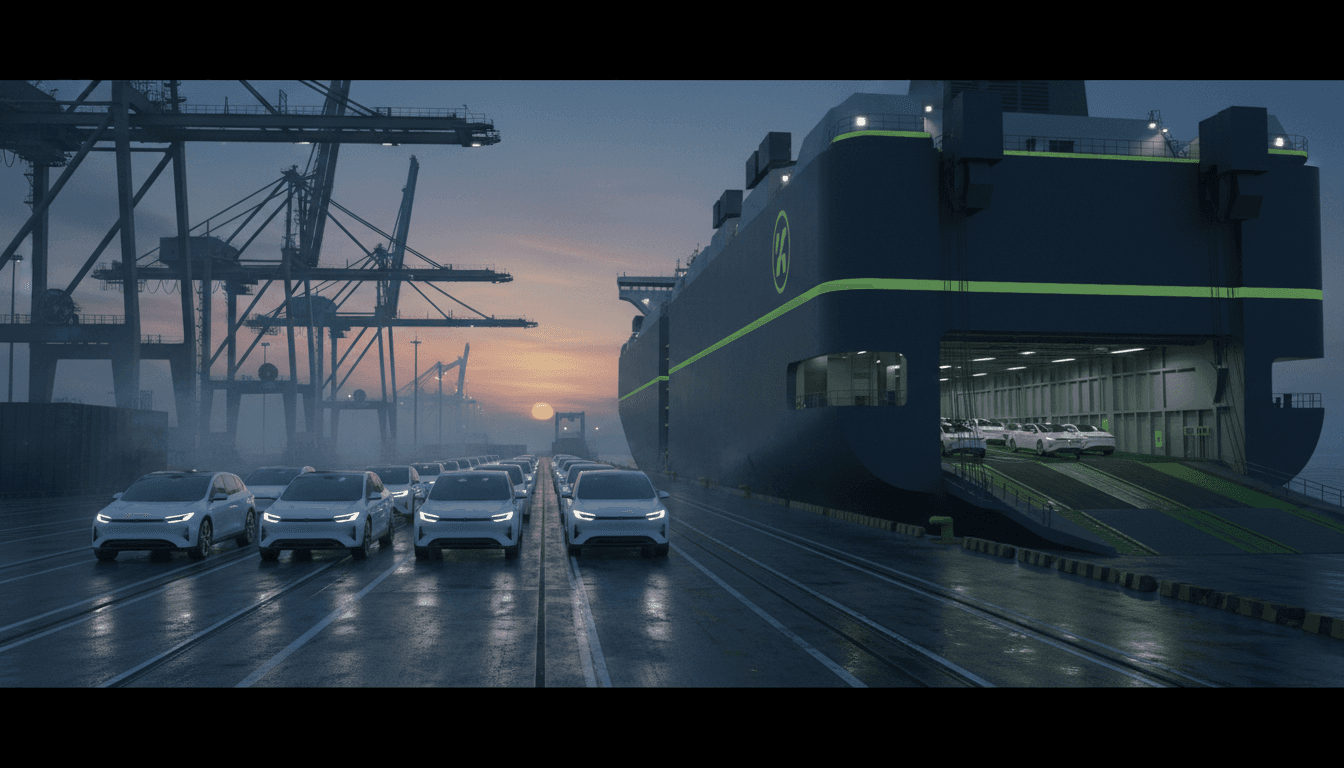 Rows of white electric passenger cars queued on a dockside ramp waiting to be loaded onto a large car-carrier ship at a Chinese port at dusk, gantry cranes silhouetted in the background