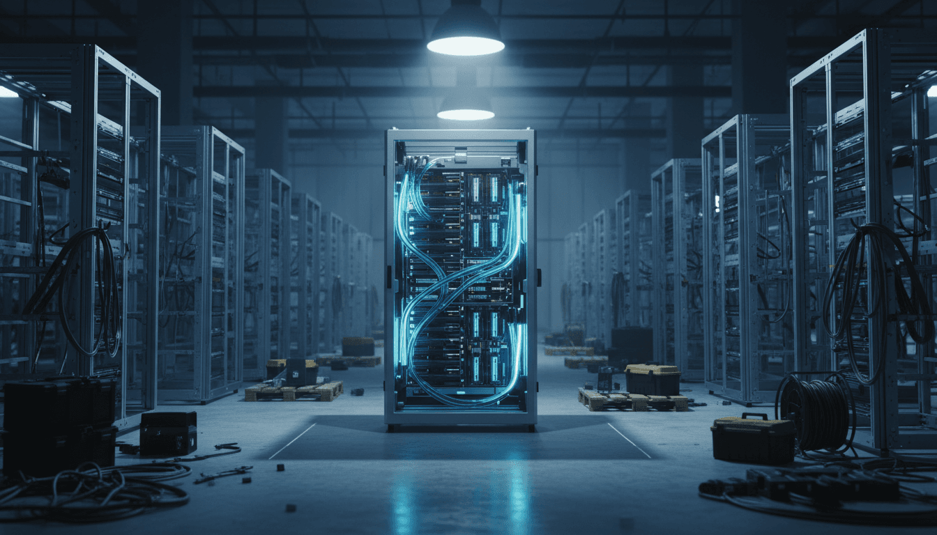 A single compact liquid-cooled AI server rack with visible looping coolant tubes standing alone under bright work-lights inside a vast, mostly empty data center warehouse, surrounded by rows of bare, unfinished server rack frames still under construction, photographic and cinematic, no text or logos