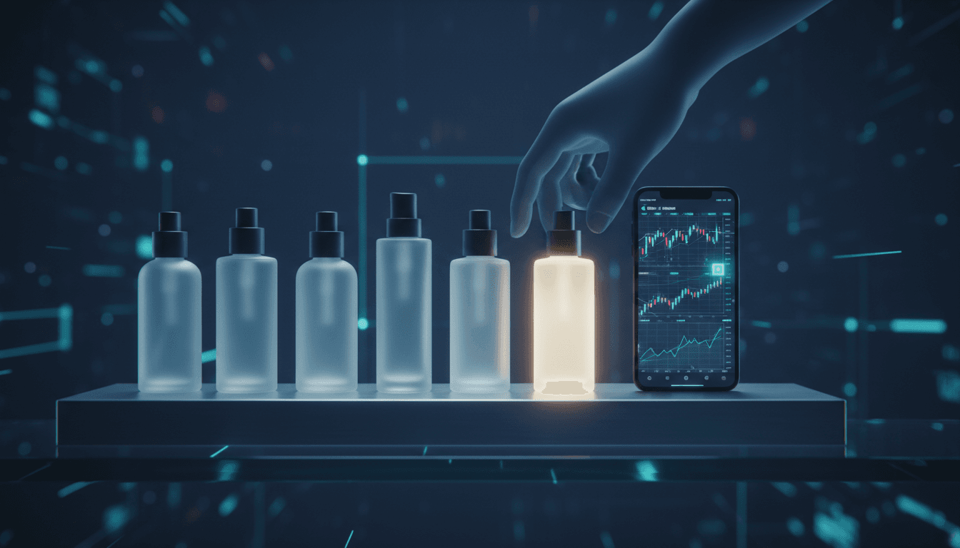 A backlit shelf of unbranded skincare bottles and a single smartphone, arranged in a ranked row on a minimalist display, with one bottle glowing faintly brighter than its neighbors as if an unseen hand is about to swap its position in the lineup.