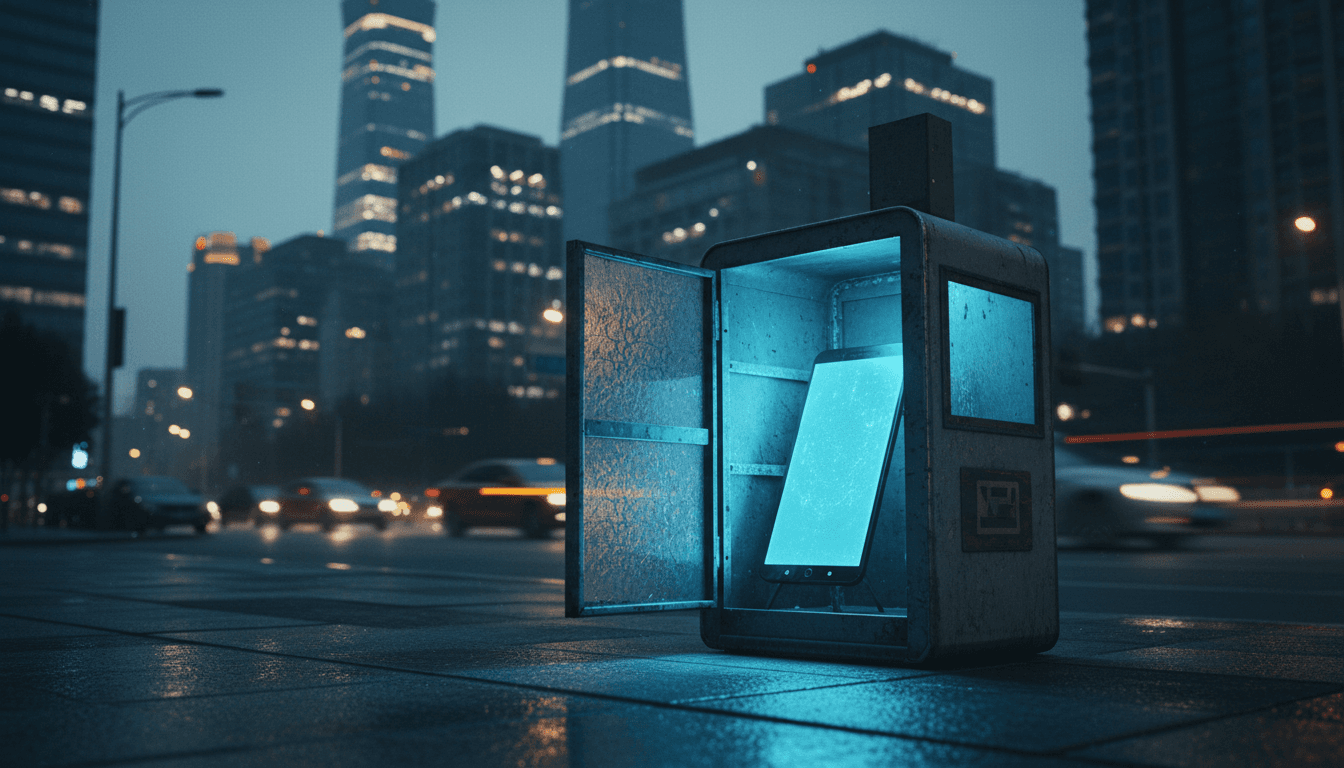 An old glass-fronted newspaper vending box on a Beijing street at dusk, its door left ajar and empty except for a soft blue glow spilling out like a smartphone screen's light, skyline darkening behind it