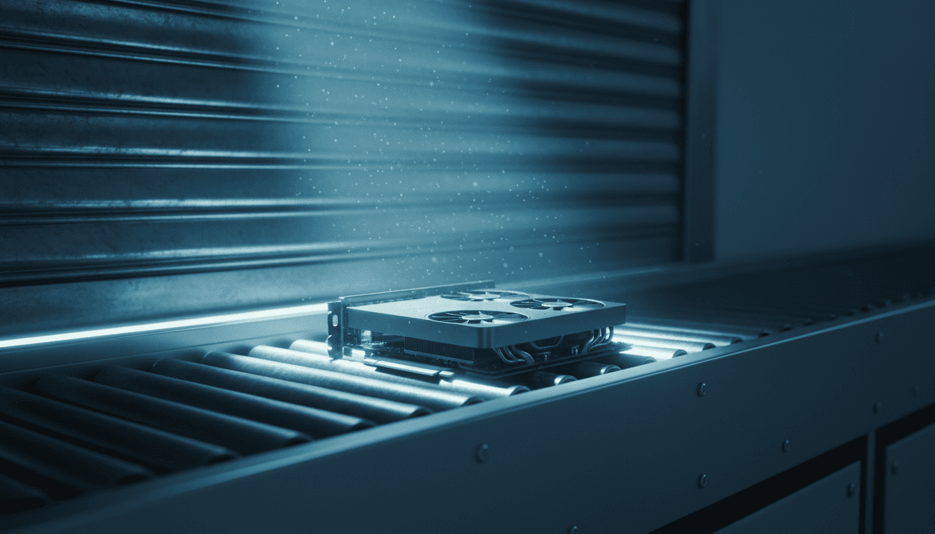 A single graphite-grey AI server GPU card resting on a steel customs conveyor belt, lit by a narrow beam of light through a half-open warehouse shutter, dust particles suspended in the light, shallow depth of field, cinematic photographic style, no text or logos