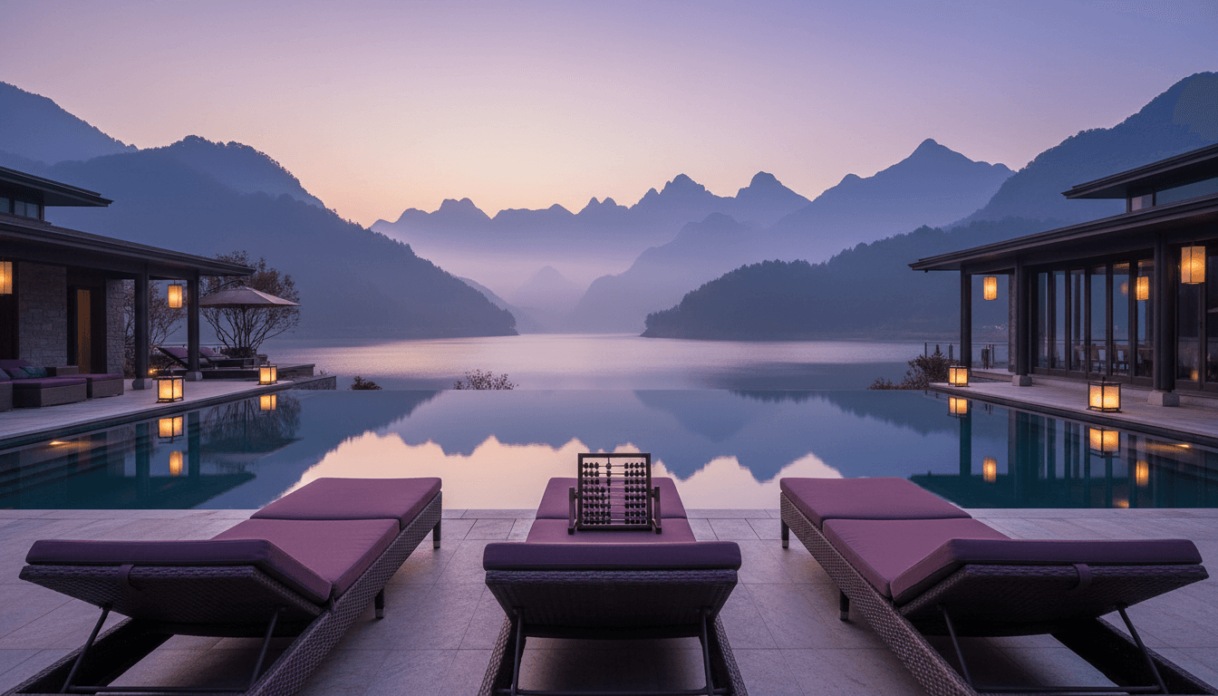 An empty poolside row of lounge chairs at a lakeside resort hotel in Yunnan province at dusk, misty mountains in the background, warm ambient lighting, no people, no text