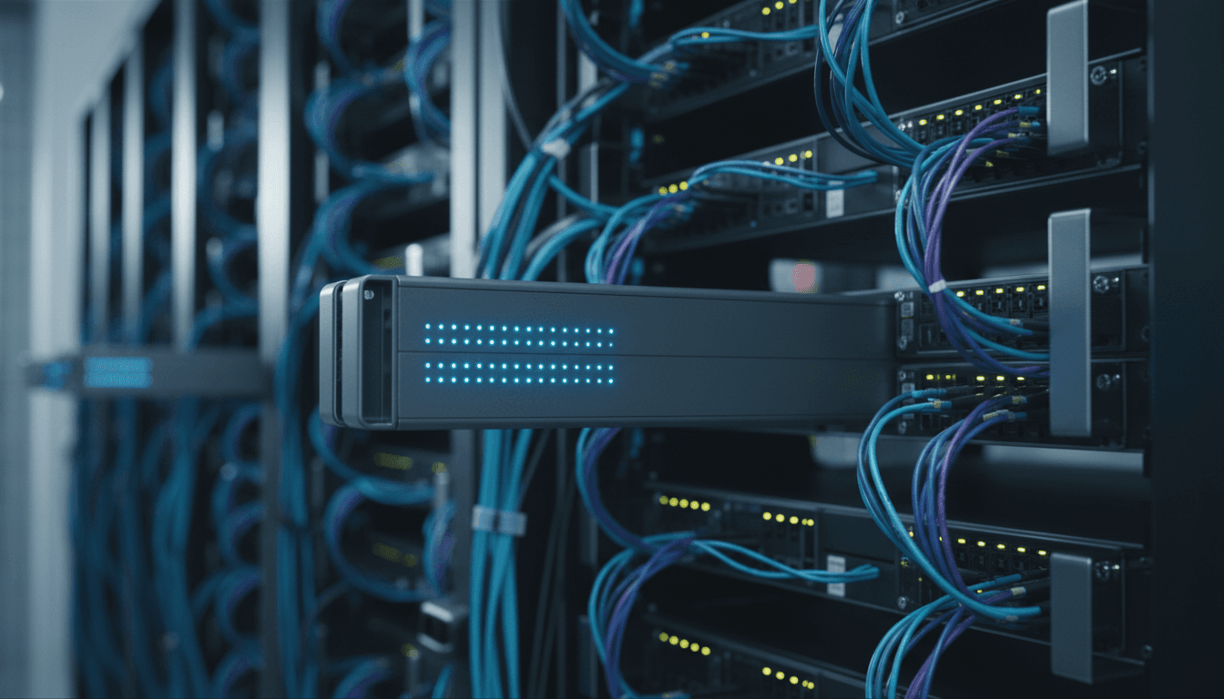 A single graphite-grey AI server blade sliding into a densely packed data-center rack, its status LEDs glowing amid a tangle of fiber-optic cables