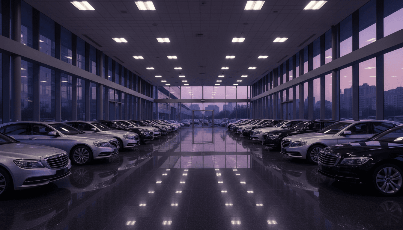 Rows of unsold sedans parked under harsh fluorescent light inside an empty car dealership showroom in China at dusk, reflections pooling on the polished floor