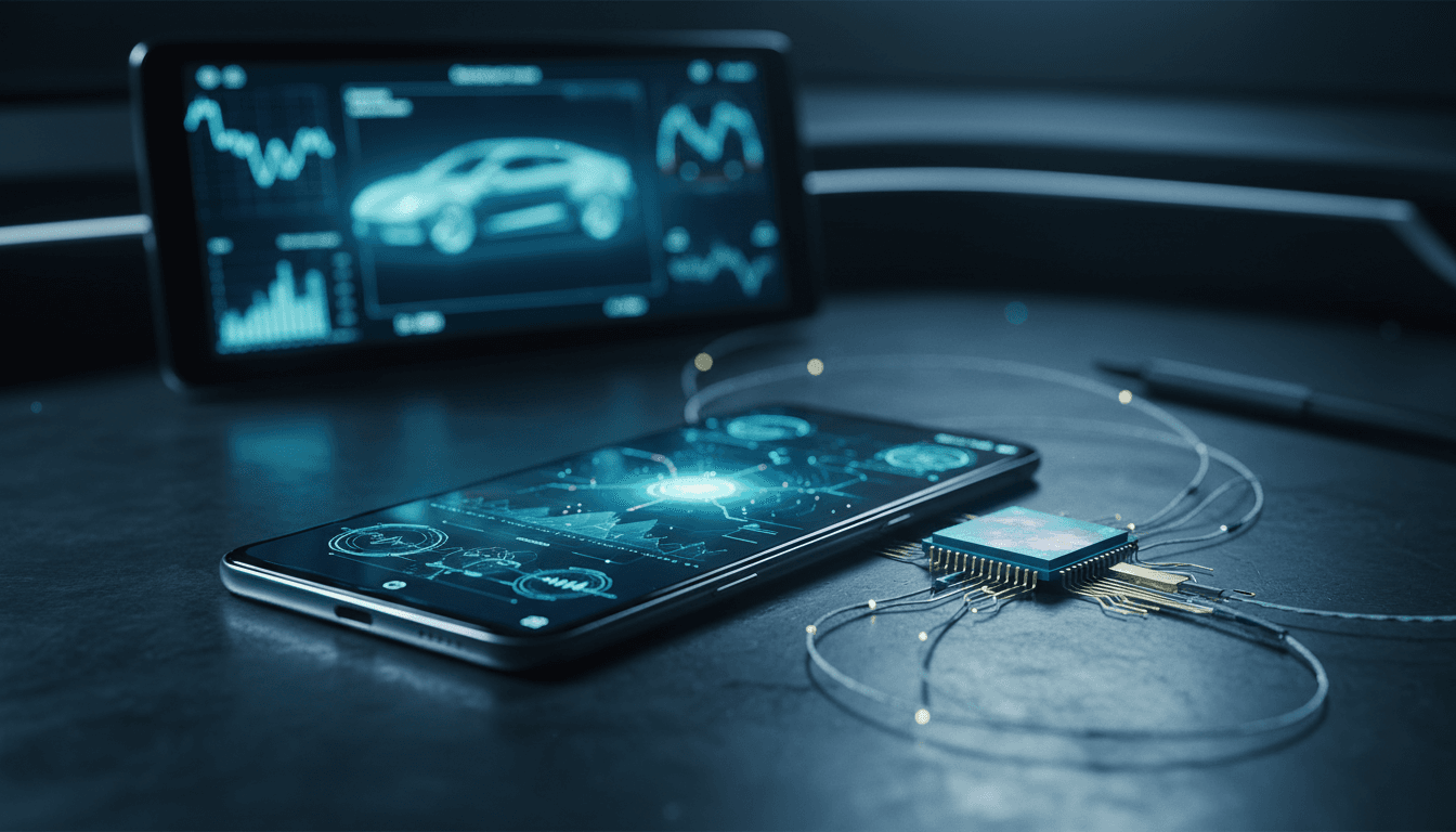 A slim foldable smartphone glowing on a dark workbench beside a small exposed AI processor chip, a blurred automotive cockpit touchscreen visible behind it, cinematic macro photography in graphite grey tones, no text or logos