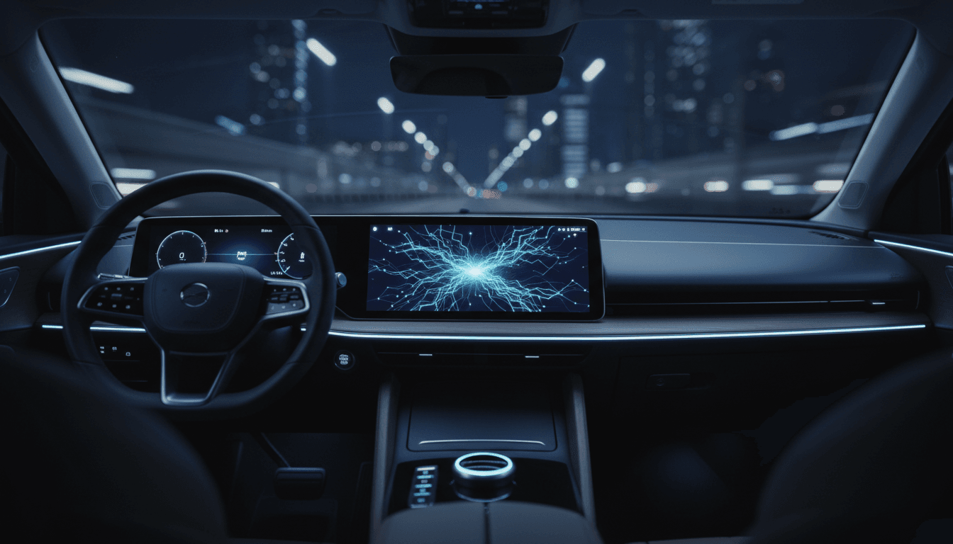 A softly glowing electric SUV cockpit dashboard and center touchscreen at night, minimalist interior, no visible text, logos, or people, cinematic photographic close-up of an on-device AI assistant interface