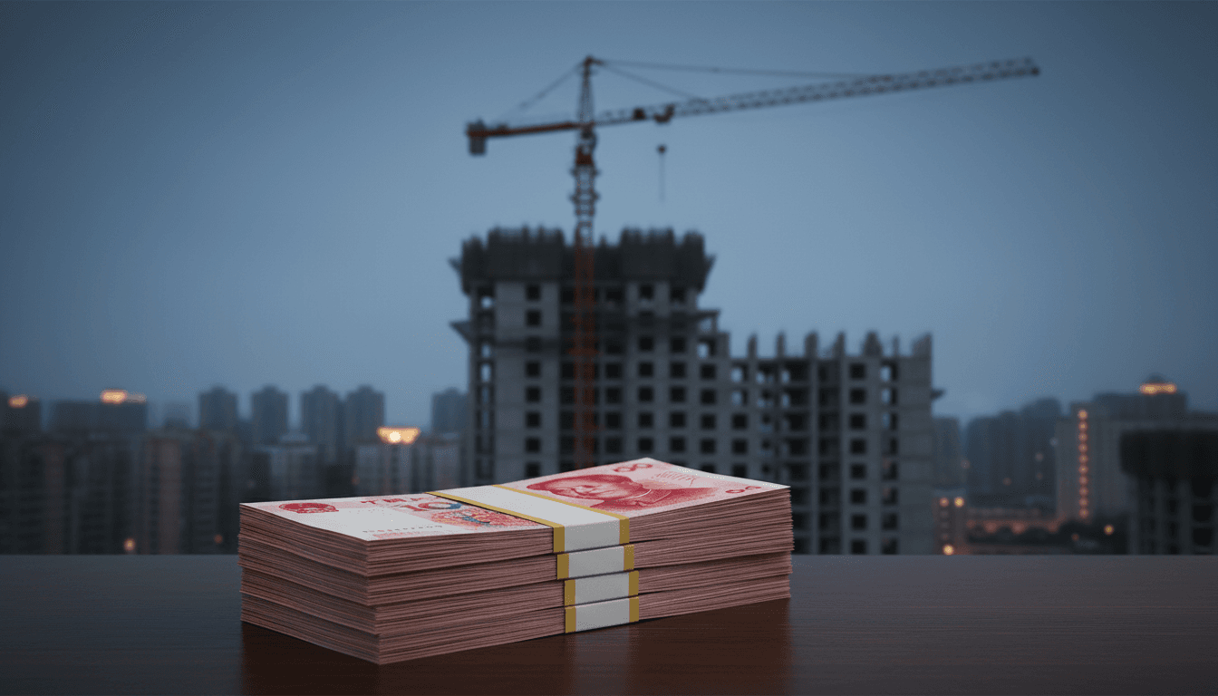 An idle red construction crane atop an unfinished grey concrete apartment tower in a Chinese city at dusk, with a neat stack of crisp red 100-yuan banknotes resting on a wooden bank counter in the foreground