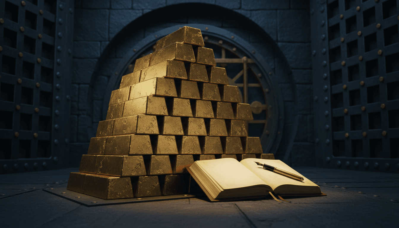 Stacked gold bullion bars inside a dim industrial vault, warm low-angle light catching the metal's edges, a single open ledger book resting beside the stack