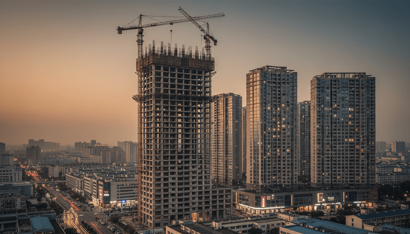 A half-finished residential tower in a Chinese city at dusk, bare concrete floors and rebar exposed on its upper levels beneath construction cranes, standing beside completed glass-clad apartment blocks nearby