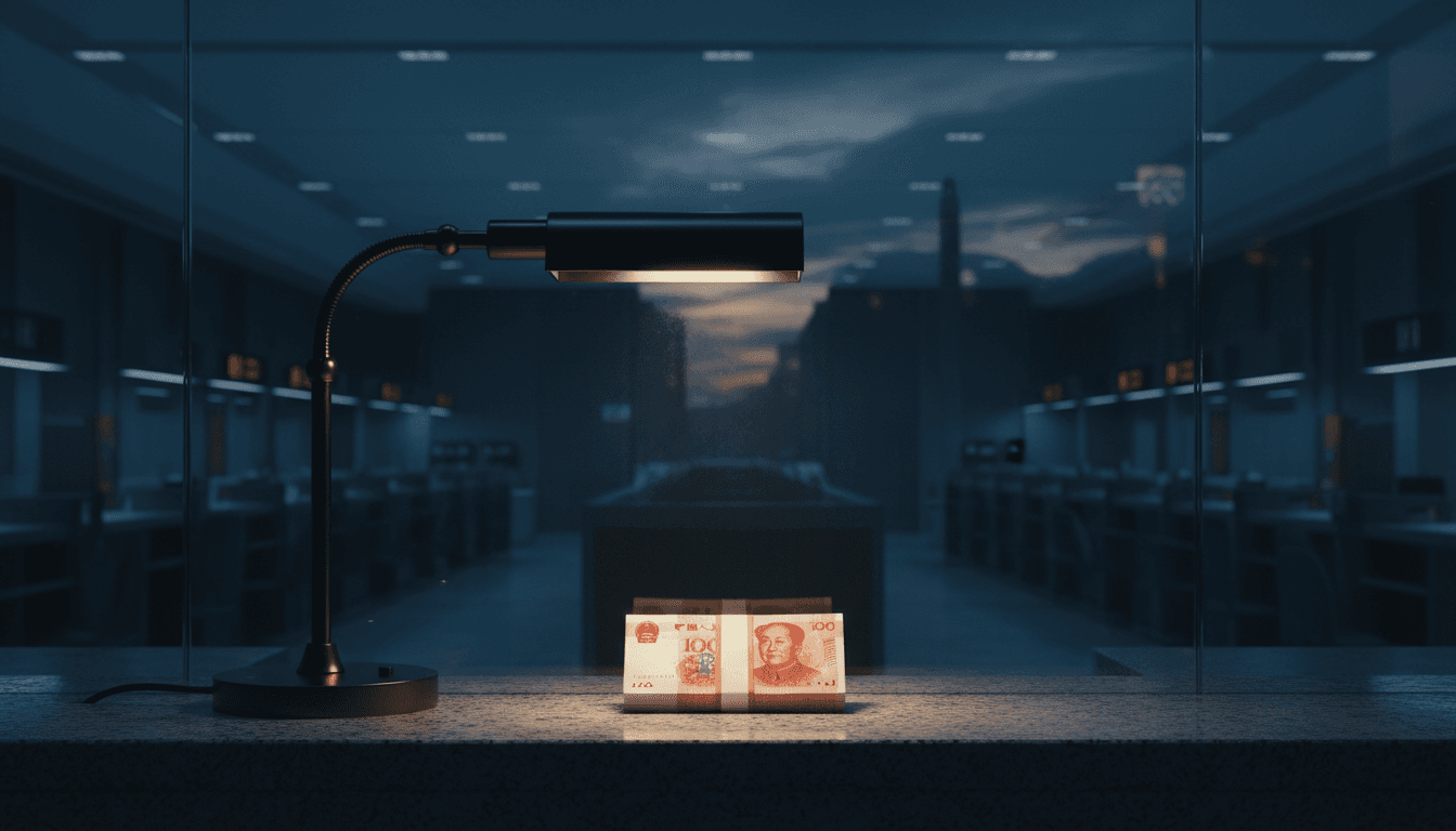 A single stack of clean new yuan banknotes lit under a bank teller counter's lamp, the rest of a modern Chinese bank branch's counters dark and unattended, viewed through tinted glass at dusk.