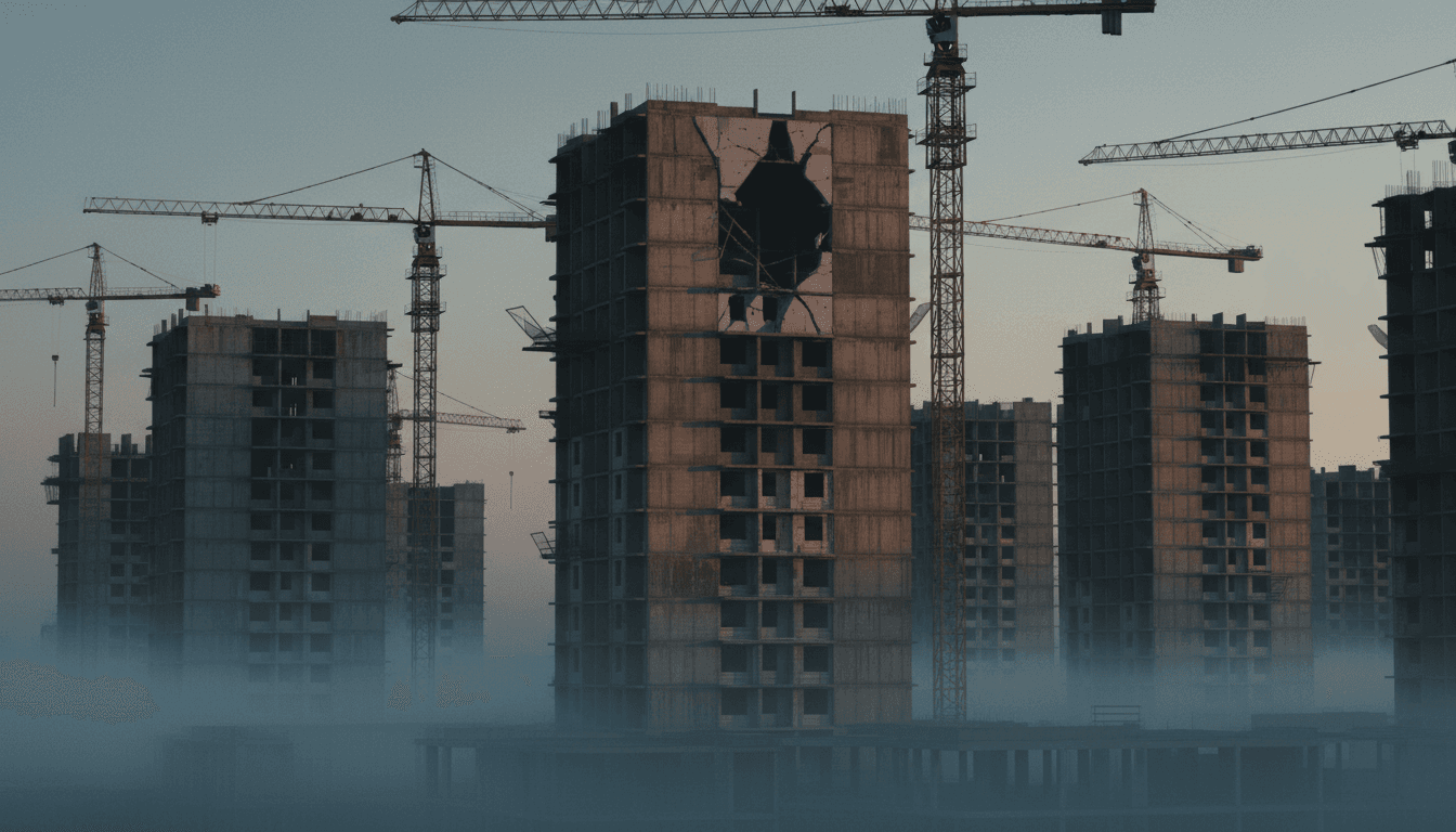 A cluster of unfinished concrete residential towers at dusk with idle cranes and a cracked facade, cold mist pooling at their base.