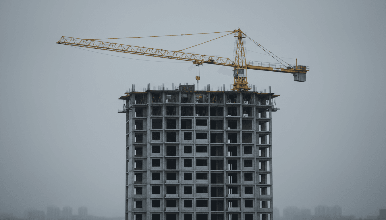A half-built Chinese apartment tower with a motionless yellow construction crane against an overcast grey sky, exposed concrete floors and no visible workers